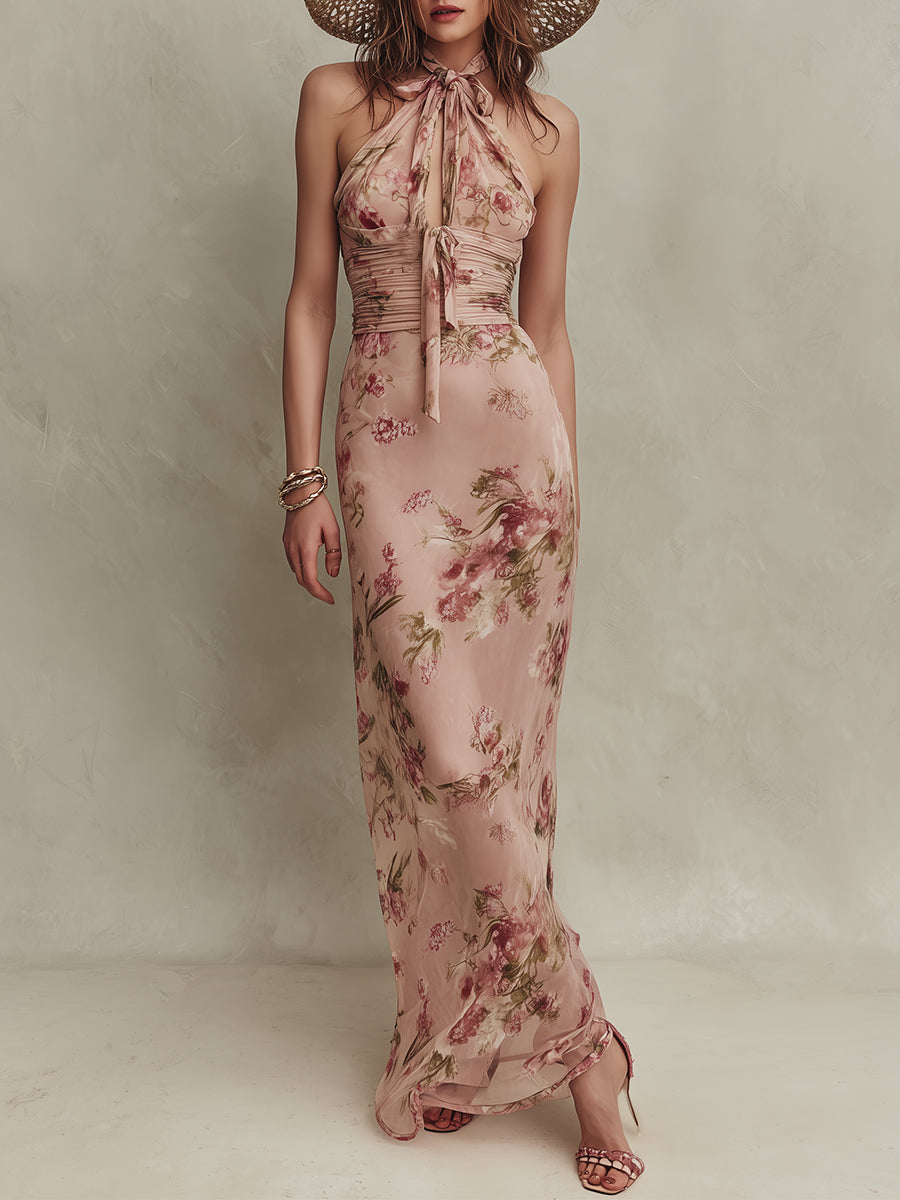 Brigitte&Diane Boutique™ — Rochie Maxi Elegantă din Șifon cu Imprimeu Floral și Decolteu Cheie