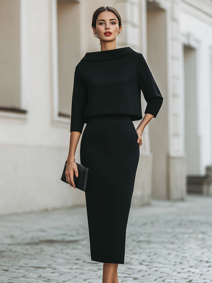 Violeta™ — Set elegant cu top cu guler barcă și fustă midi