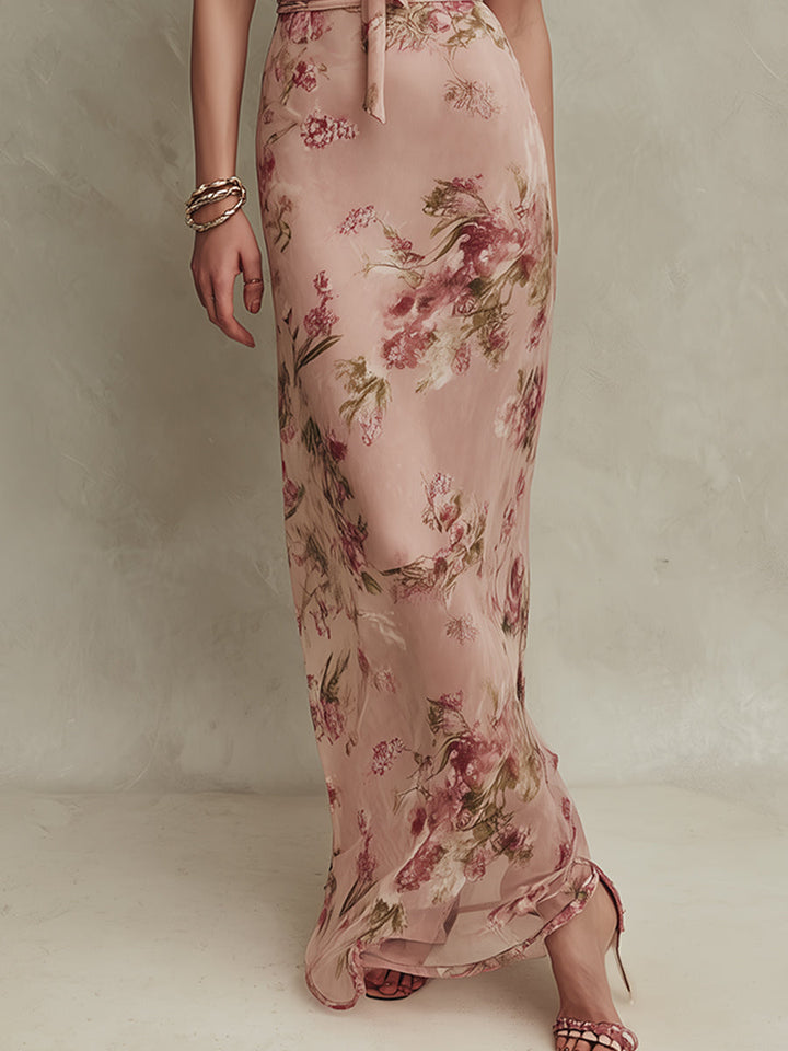 Brigitte&Diane Boutique™ — Rochie Maxi Elegantă din Șifon cu Imprimeu Floral și Decolteu Cheie