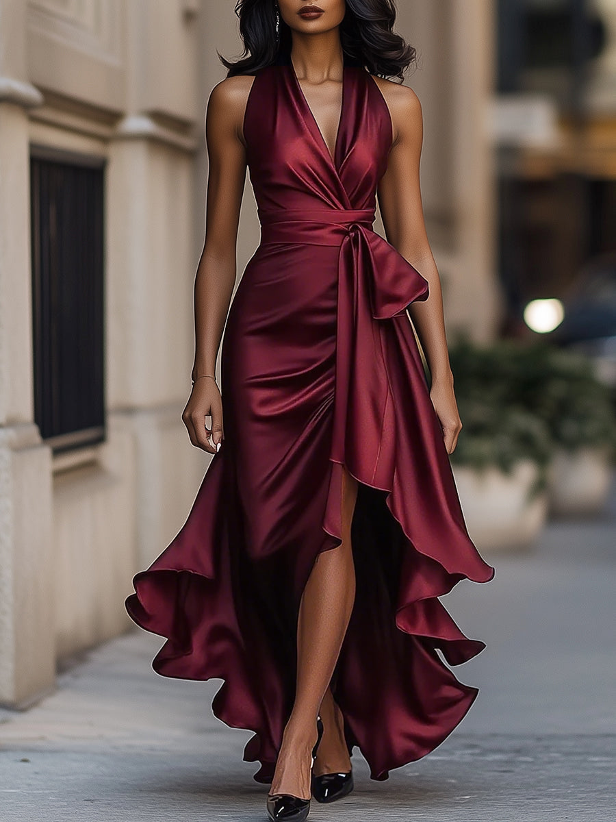 Elena — Rochie satinată elegantă cu halter și volane