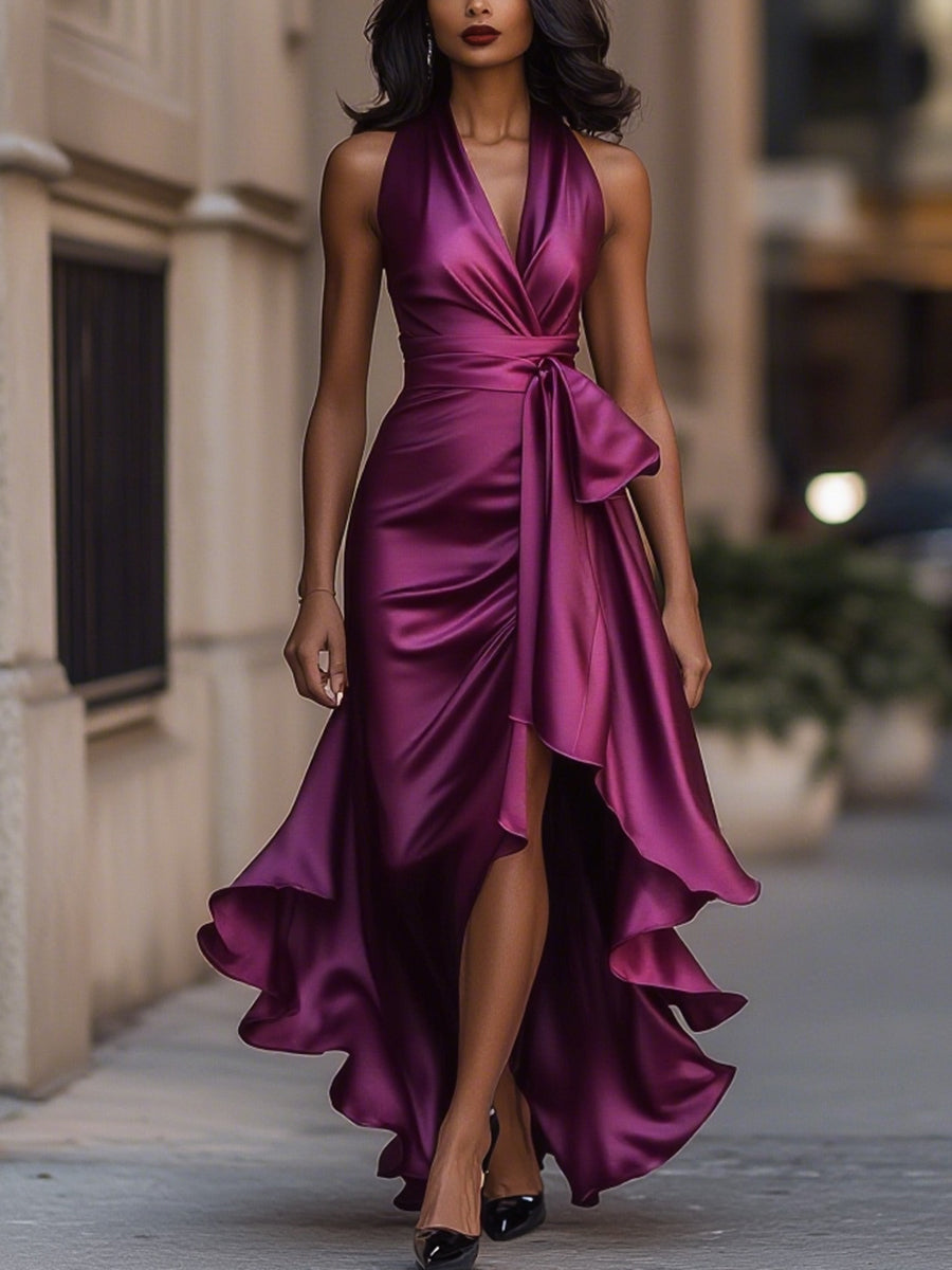 Elena — Rochie satinată elegantă cu halter și volane