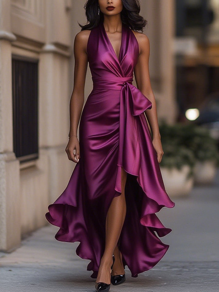 Elena — Rochie satinată elegantă cu halter și volane