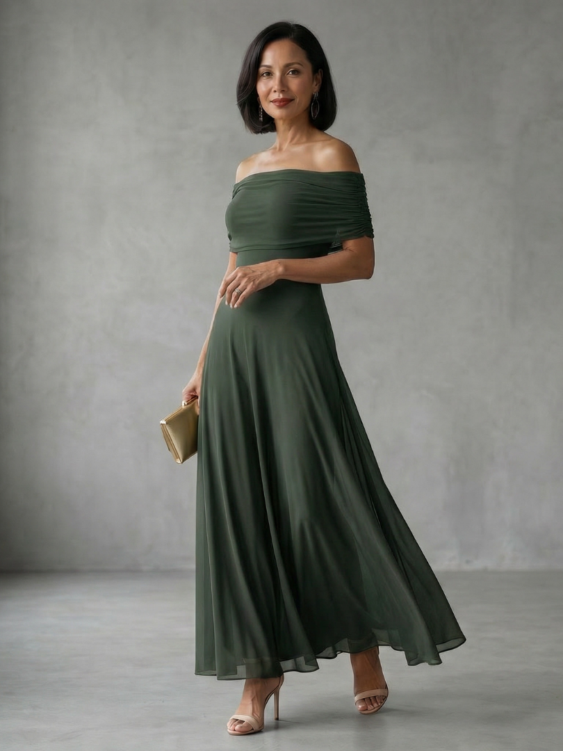 Juni | Rochie midi drapată cu umeri goi