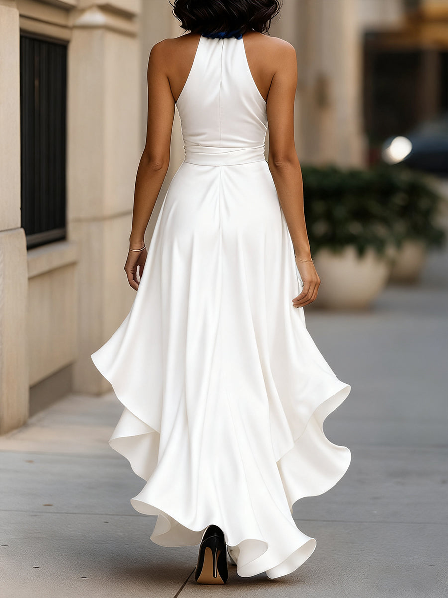 Elena — Rochie satinată elegantă cu halter și volane