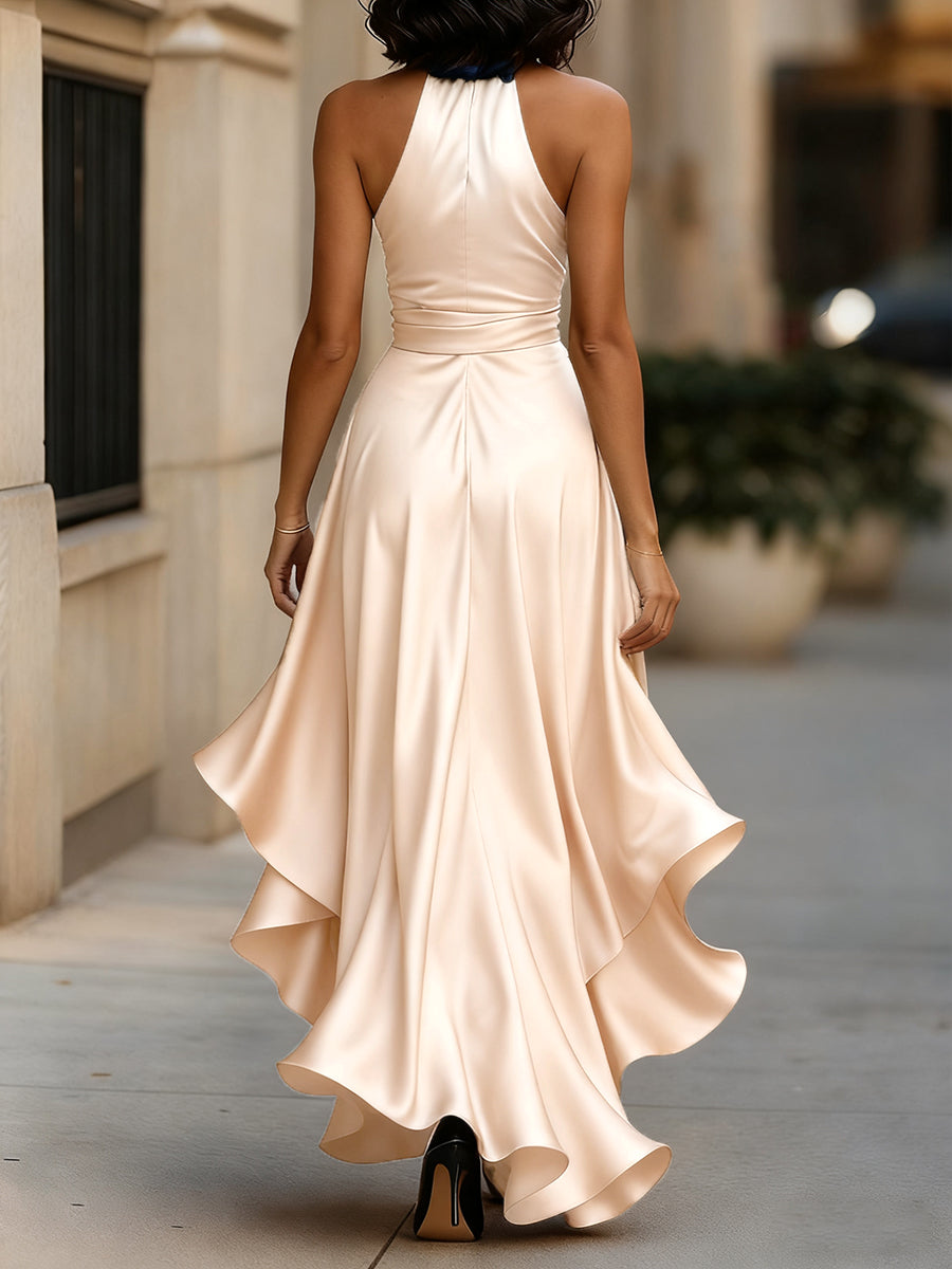 Elena — Rochie satinată elegantă cu halter și volane