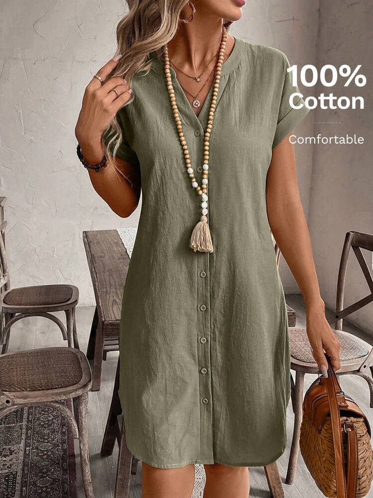 Elena™ — Rochie mini casual din bumbac cu nasturi și mâneci scurte