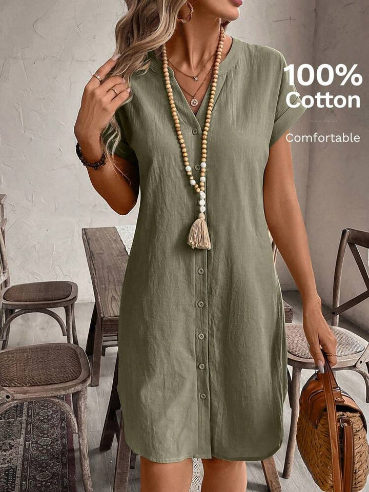 Elena™ — Rochie mini casual din bumbac cu nasturi și mâneci scurte
