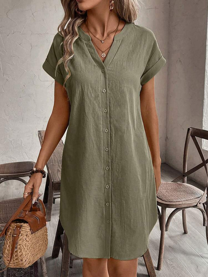 Elena™ — Rochie mini casual din bumbac cu nasturi și mâneci scurte