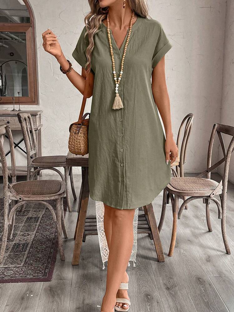 Elena™ — Rochie mini casual din bumbac cu nasturi și mâneci scurte