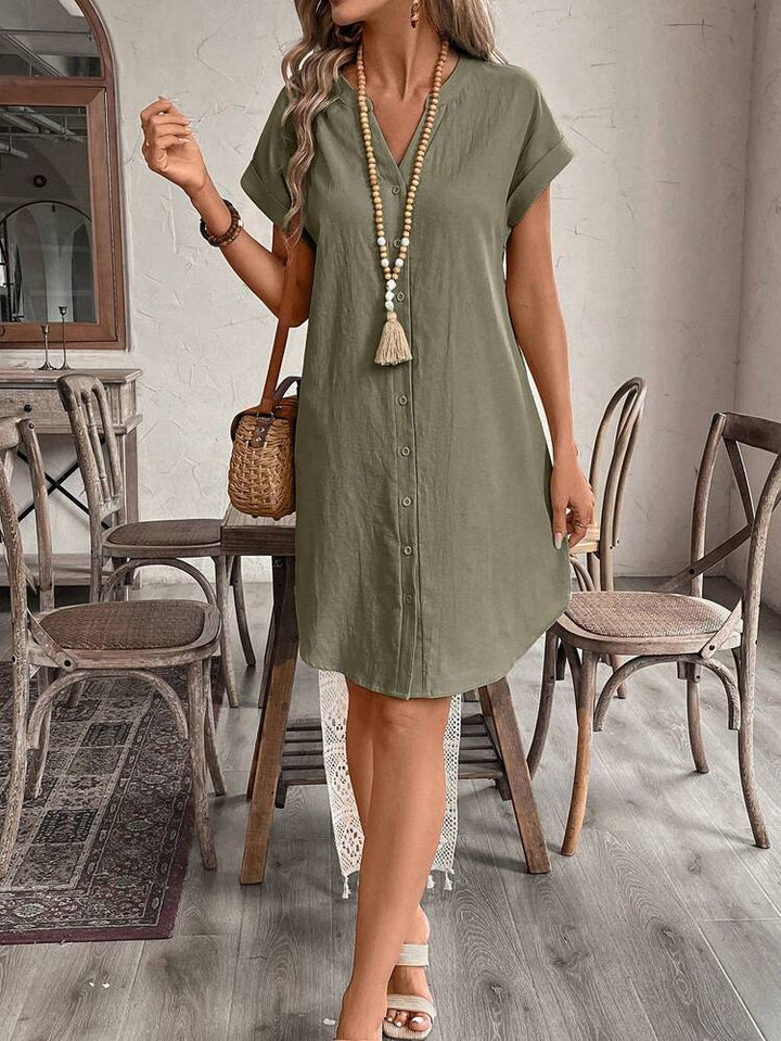Elena™ — Rochie mini casual din bumbac cu nasturi și mâneci scurte