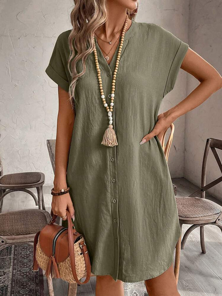 Elena™ — Rochie mini casual din bumbac cu nasturi și mâneci scurte