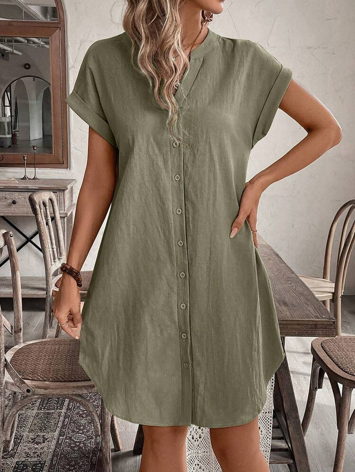 Elena™ — Rochie mini casual din bumbac cu nasturi și mâneci scurte