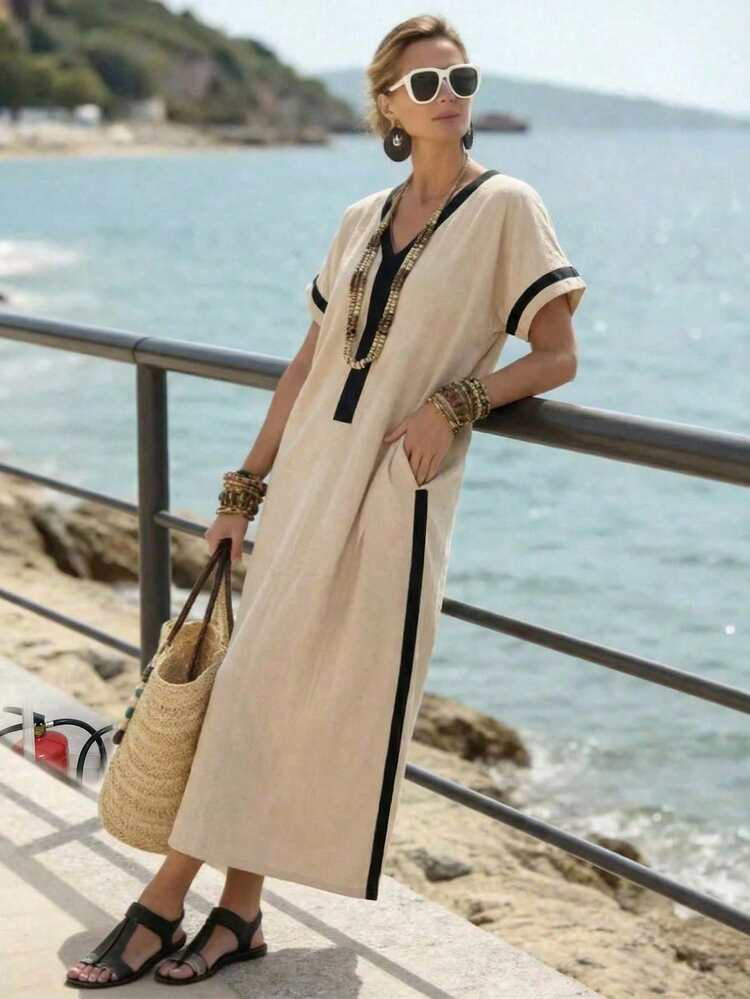 Elena — Rochie casual din bumbac cu decolteu în V și buzunare