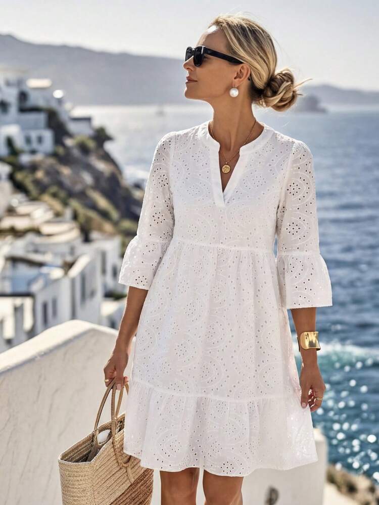 Irina™ — Rochie albă cu broderie ajur, guler răsfrânt și tiv asimetric