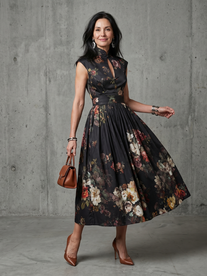 Greta | Rochie midi cu imprimeu floral și guler înalt