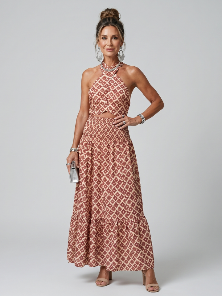 Amira | Rochie midi cu imprimeu geometric și decupaj