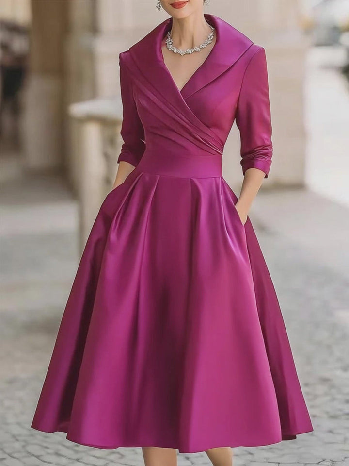 Aurora™ — Rochie midi din satin cu guler drapat