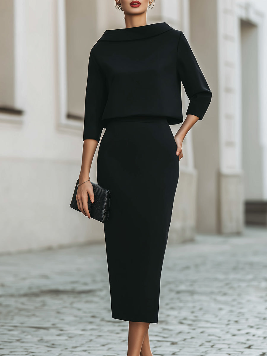 Violeta™ — Set elegant cu top cu guler barcă și fustă midi
