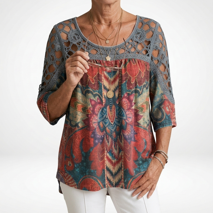 Zénaïde™ — Bluză cu imprimeu etnic boho, feminitate naturală