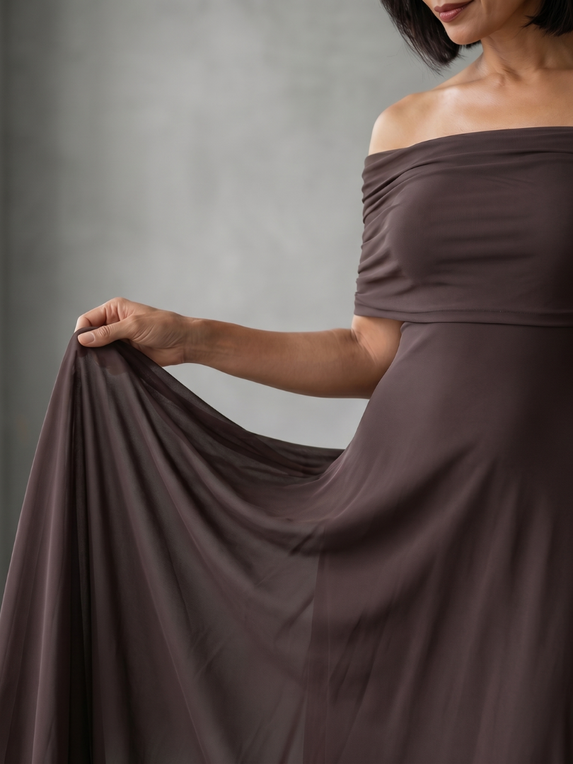 Juni | Rochie midi drapată cu umeri goi