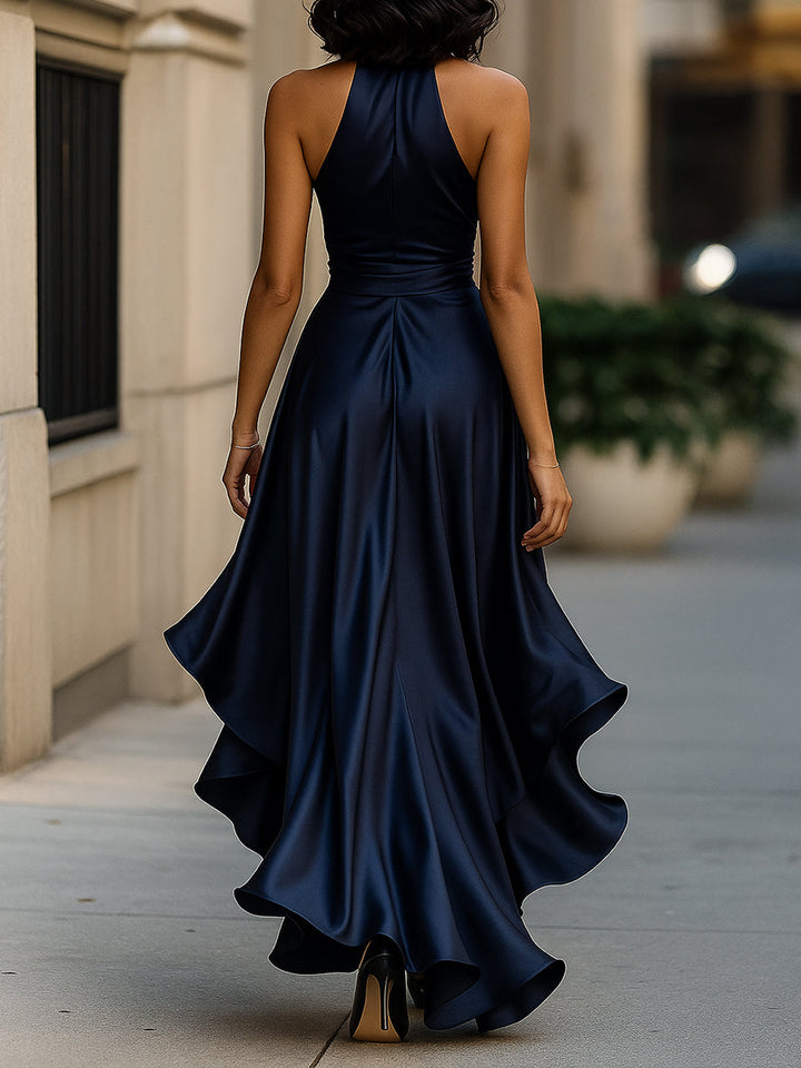 Elena — Rochie satinată elegantă cu halter și volane