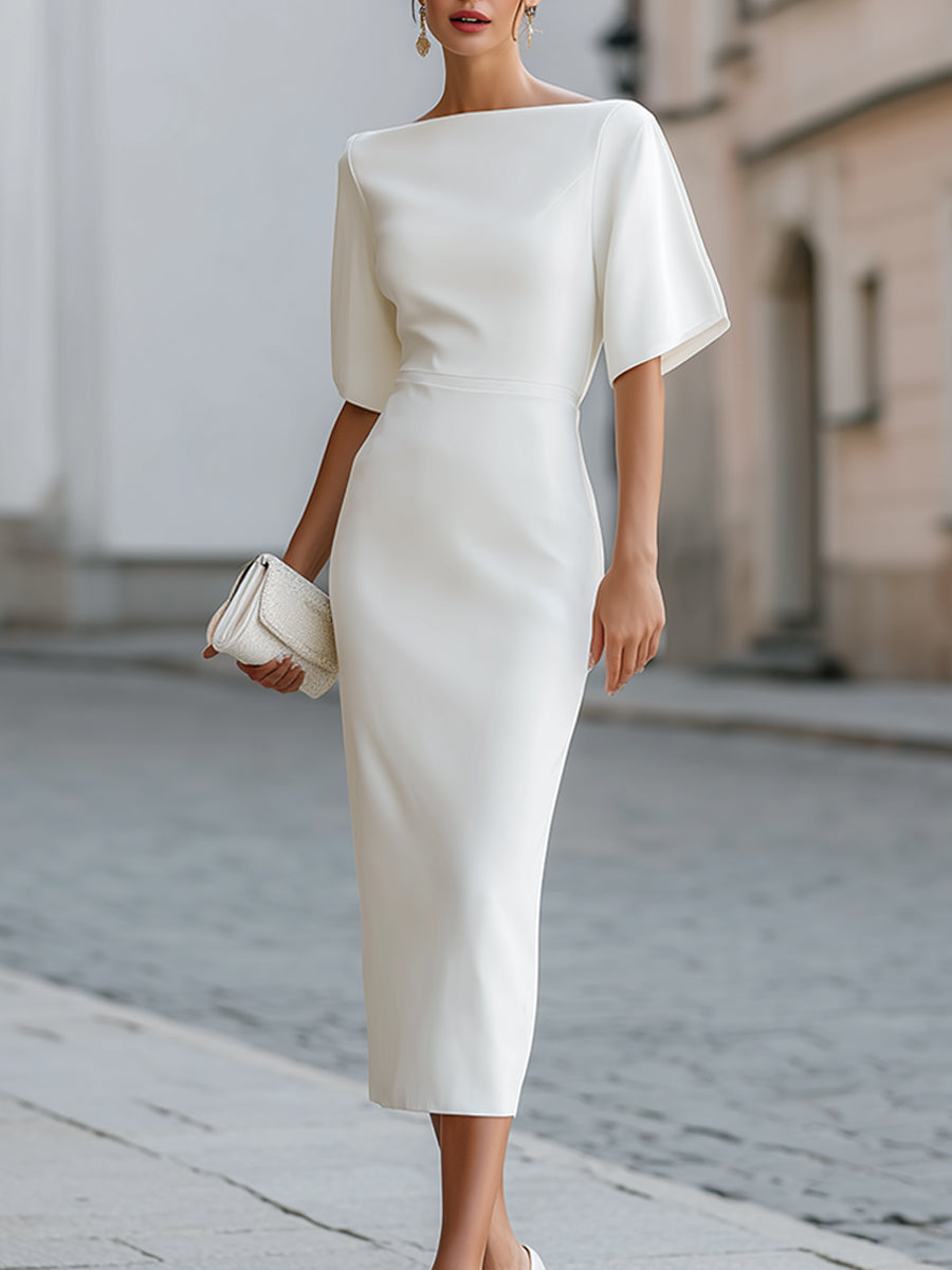 Diana™ — Rochie midi elegantă cu decolteu barcă și mâneci scurte
