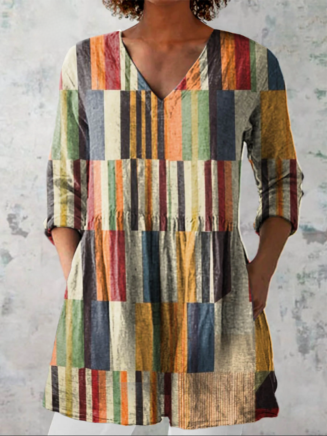 Chloe™ — Bluză lungă cu decolteu în V, multicolor