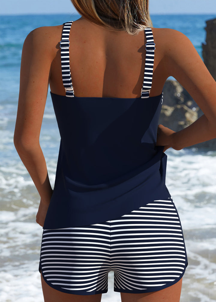 Modlily™ — Costum de baie tip tankini cu dungi, talie medie și efect de acoperire a burții