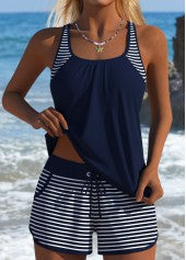 Modlily™ — Costum de baie tip tankini cu dungi, talie medie și efect de acoperire a burții