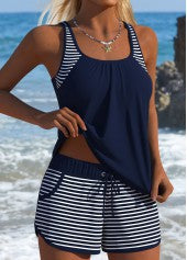 Modlily™ — Costum de baie tip tankini cu dungi, talie medie și efect de acoperire a burții