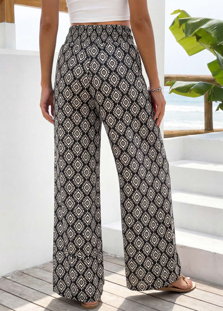 Pantaloni cu talie elastică și picior drept, imprimeu geometric negru