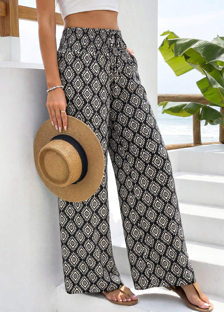 Pantaloni cu talie elastică și picior drept, imprimeu geometric negru