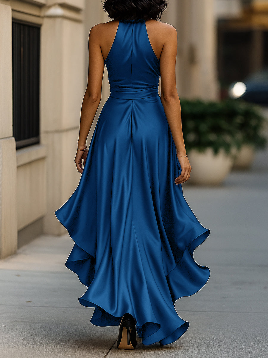 Elena — Rochie satinată elegantă cu halter și volane