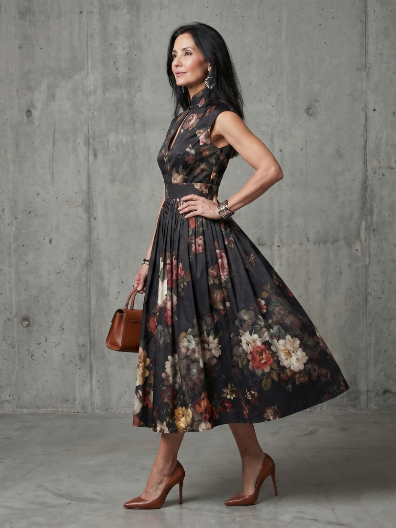 Greta | Rochie midi cu imprimeu floral și guler înalt