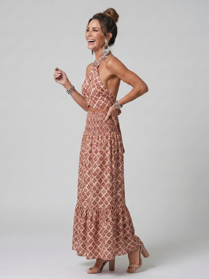 Amira | Rochie midi cu imprimeu geometric și decupaj