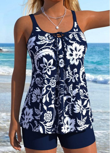 Set Tankini cu Șiret și Talie Medie, Navy