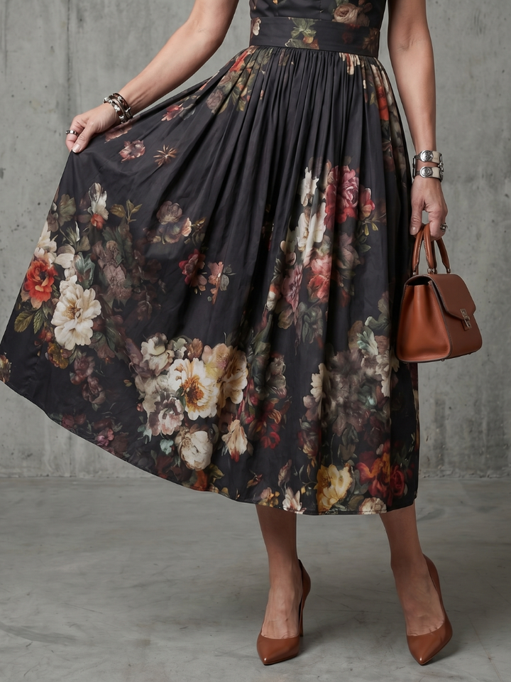 Greta | Rochie midi cu imprimeu floral și guler înalt