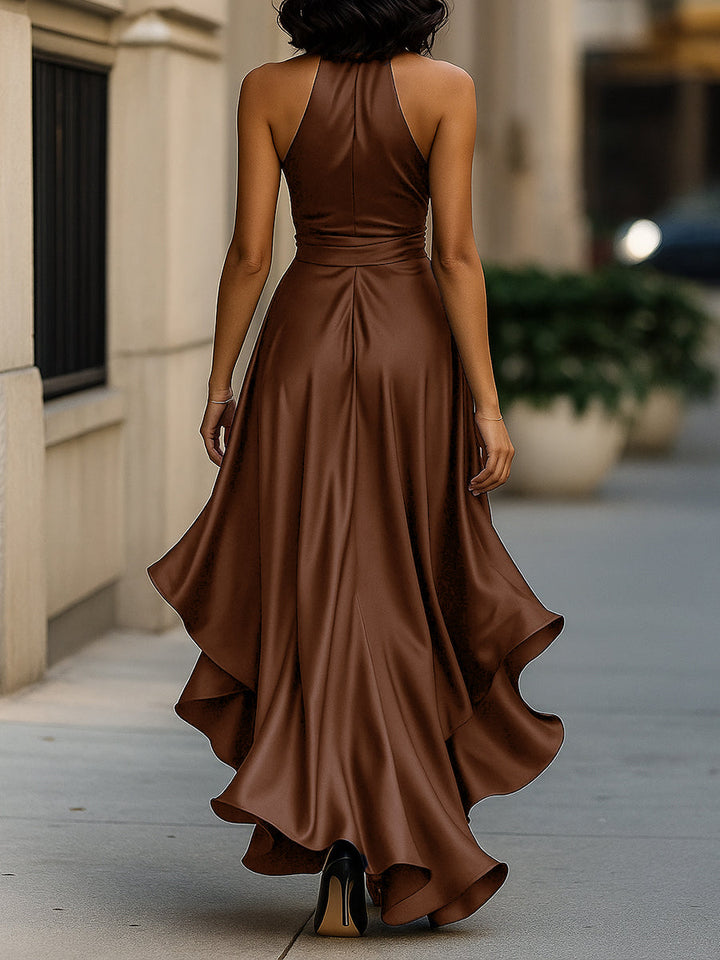 Elena — Rochie satinată elegantă cu halter și volane