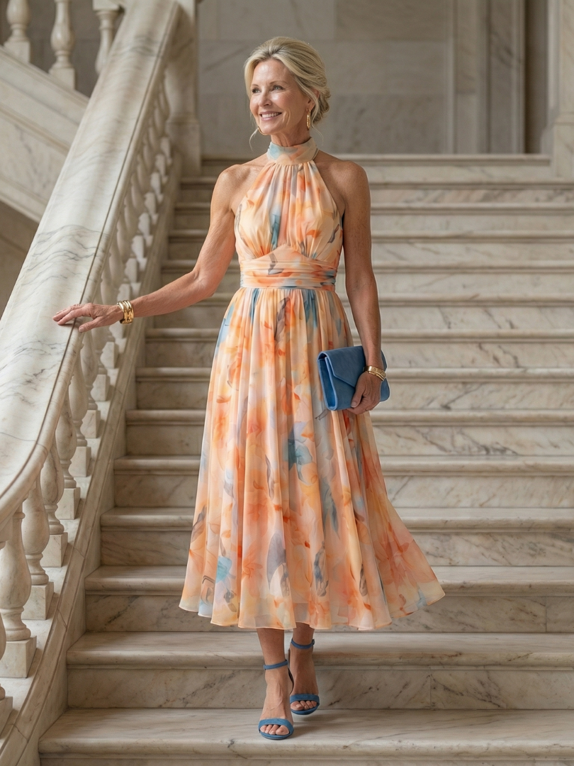 Elin | Rochie midi cu imprimeu halter moale