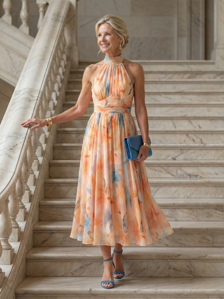 Elin | Rochie midi cu imprimeu halter moale