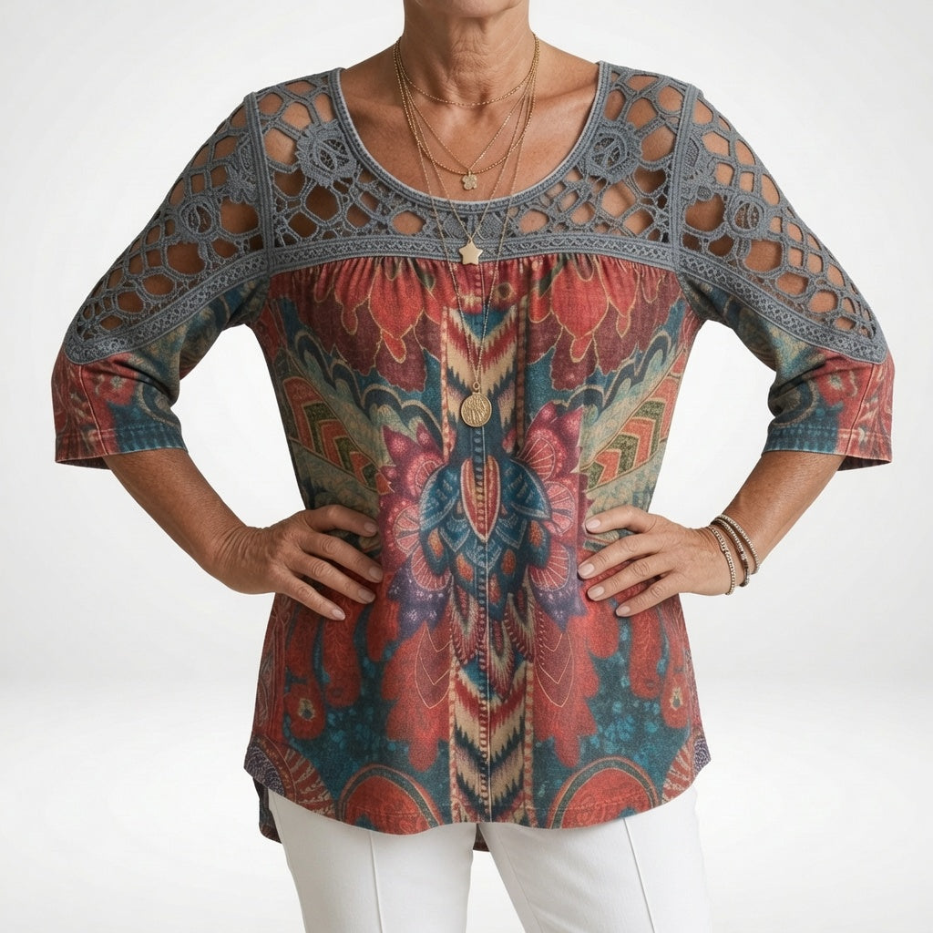 Zénaïde™ — Bluză cu imprimeu etnic boho, feminitate naturală