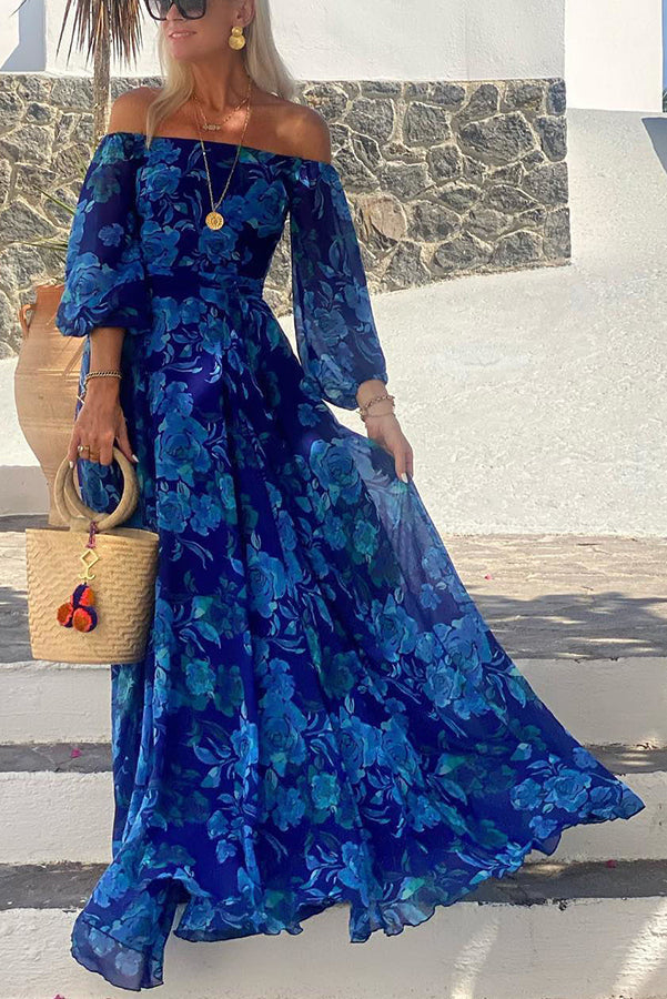 Luna™ | Rochie lungă cu imprimeu floral și umerii goi