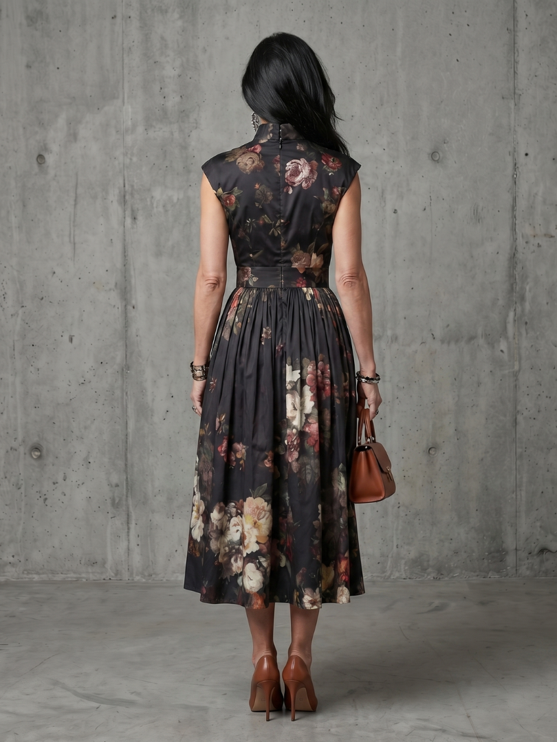 Greta | Rochie midi cu imprimeu floral și guler înalt