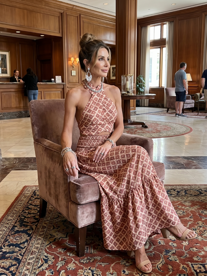 Amira | Rochie midi cu imprimeu geometric și decupaj