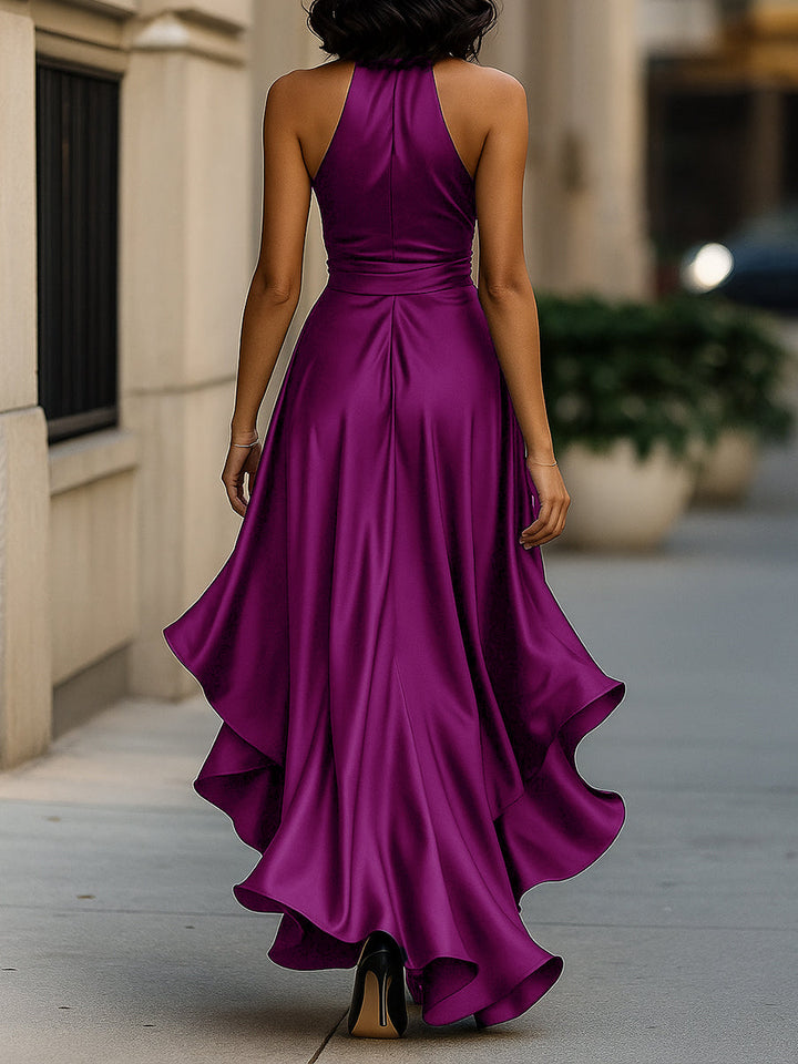 Elena — Rochie satinată elegantă cu halter și volane