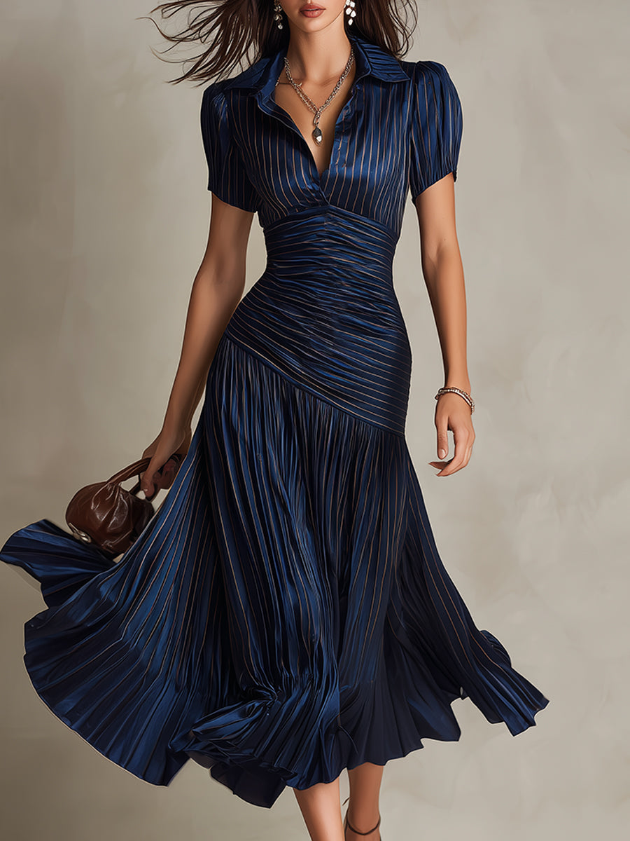 Élodine™ — Rochie midi din satin cu dungi retro