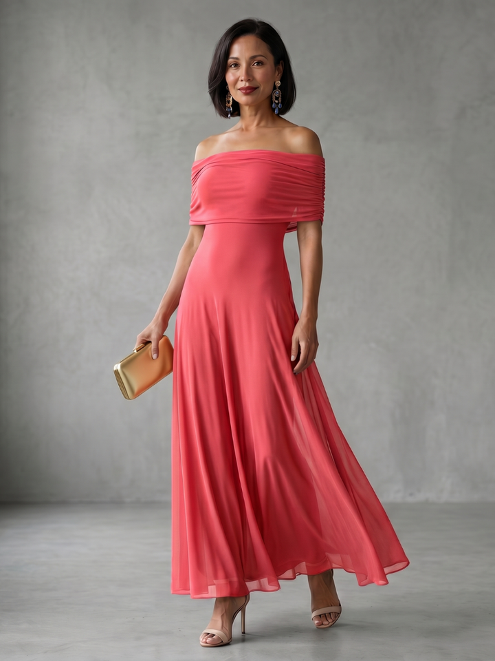 Juni | Rochie midi drapată cu umeri goi