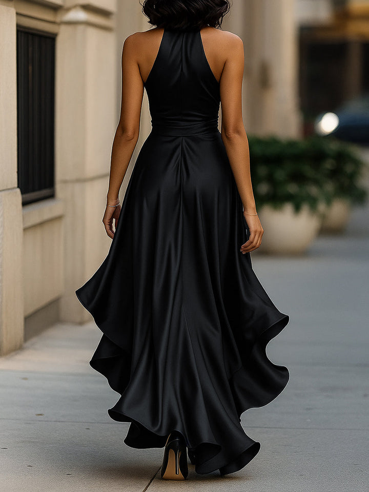 Elena — Rochie satinată elegantă cu halter și volane