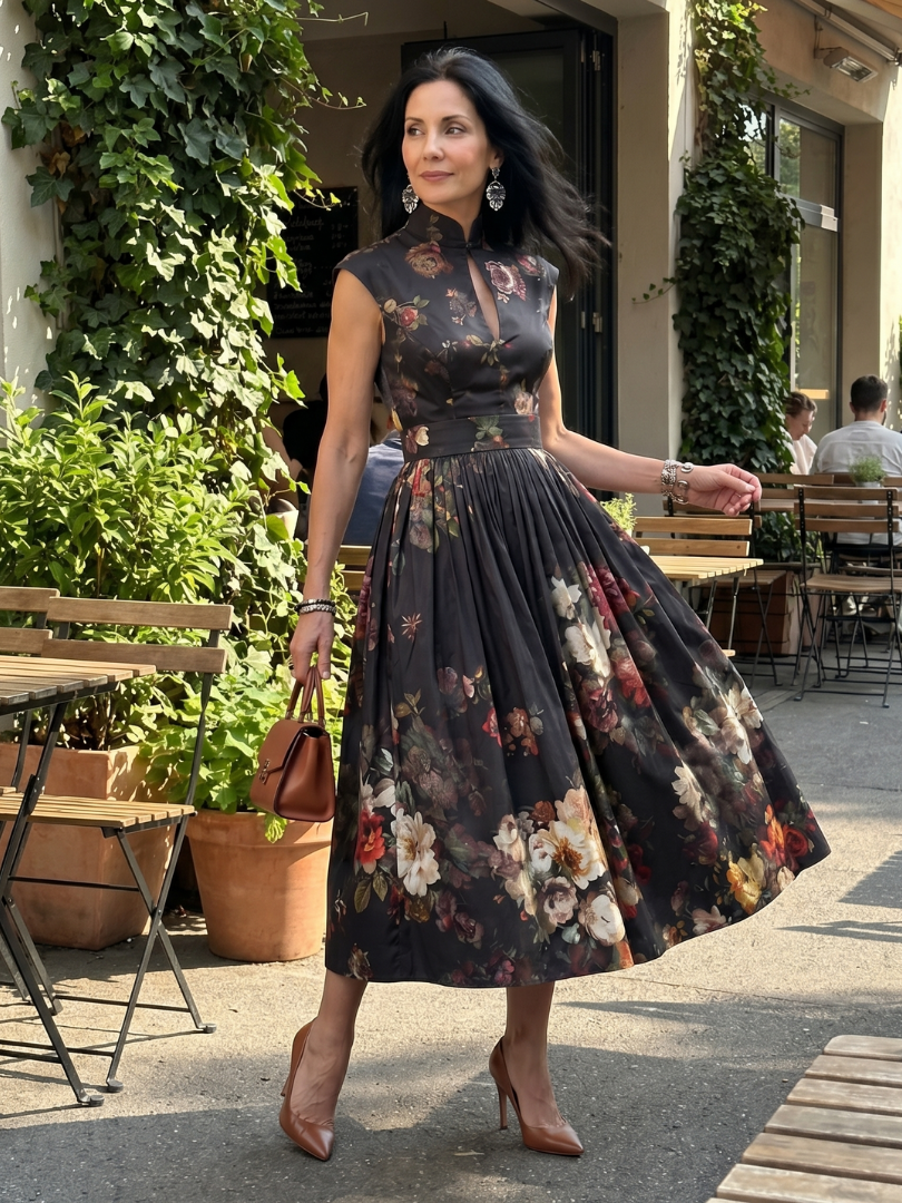 Greta | Rochie midi cu imprimeu floral și guler înalt