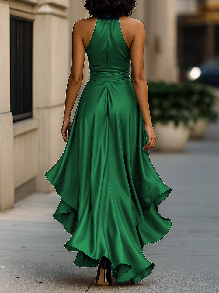 Elena — Rochie satinată elegantă cu halter și volane
